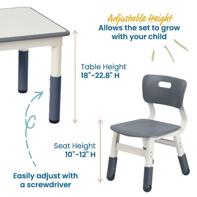 ECR4Kids Dry-Erase Square Activity Table with 2 Chairs, Adjustable, Kids Furniture, Grey, 3-Piece Image 2