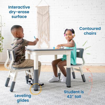 ECR4Kids Dry-Erase Square Activity Table with 2 Chairs, Adjustable, Kids Furniture, Grey, 3-Piece Image 3
