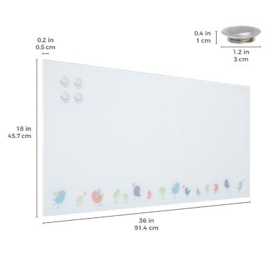 ECR4Kids MessageStor Magnetic Dry-Erase Glass Board with Magnets, 18in x 36in, Wall-Mounted Whiteboard, Birds Image 1