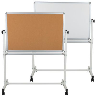 Emma + Oliver 45.25"W x 54.75"H Reversible Mobile Cork Bulletin Board and White Board with Pen Tray Image 1