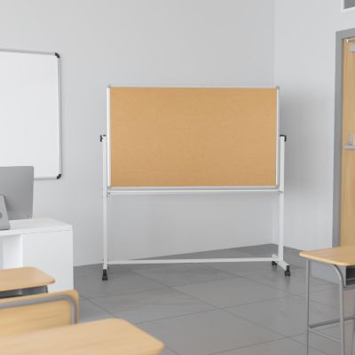 Emma + Oliver 45.25"W x 54.75"H Reversible Mobile Cork Bulletin Board and White Board with Pen Tray Image 1