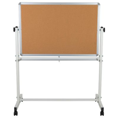 Emma + Oliver 45.25"W x 54.75"H Reversible Mobile Cork Bulletin Board and White Board with Pen Tray Image 3