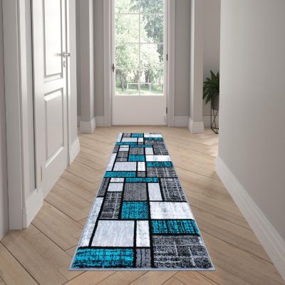 Emma + Oliver Accent Rug - Modern Geometric Mosaic Design in Turquoise, Gray, Black & White - 2x7 - Plush Texture - Moisture & Stain Resistant - Jute Backing Image 1