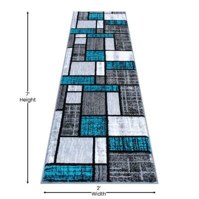 Emma + Oliver Accent Rug - Modern Geometric Mosaic Design in Turquoise, Gray, Black & White - 2x7 - Plush Texture - Moisture & Stain Resistant - Jute Backing Image 3
