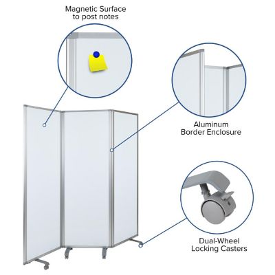 Emma + Oliver Mobile Magnetic Whiteboard 3 Section Partition with Locking Casters, 72"H x 24"W Image 2