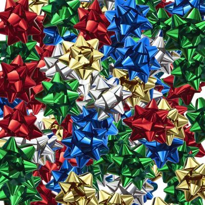 Fifth Ave Kraft Gift Bows Assortment Peel &#8216;N Stick 105 count assorted red ,gold ,blue, green, and silver Image 1