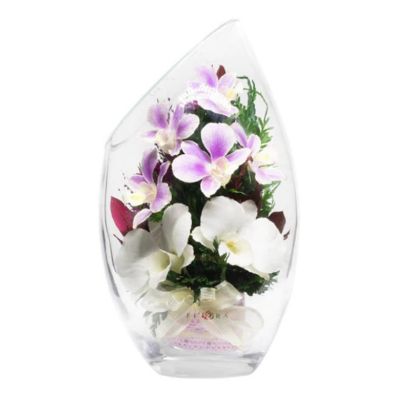 Fiora Flower  Long Lasting Purple Orchids, Limoniums with Greenery in a Flat Rugby Glass Vase Image 1
