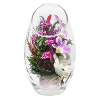 Fiora Flower  Long Lasting Purple Orchids, Limoniums with Greenery in a Flat Rugby Glass Vase Image 3