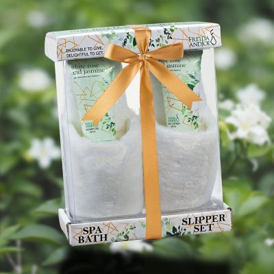 Freida and Joe Bath & Body Spa Gift Set in White Rose Jasmine Fragrance with Luxury Slippers Image 2