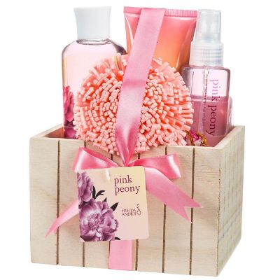 Freida and Joe Pink Peony Fragrance Bath & Body Spa Gift Set in Natural Wood Plant Box Image 1