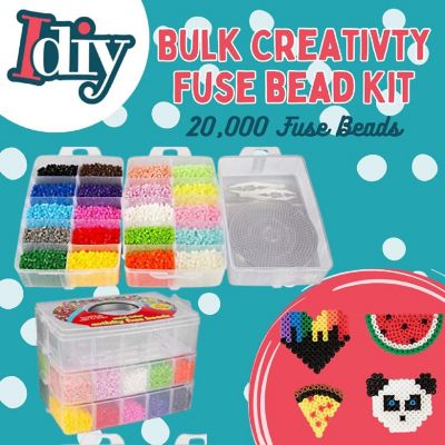Fuse Beads 20,000 Bulk Creativity Builder Kit- 20 Presorted Muli Colors (5 Glow Dark) w Tweezers, Peg Boards, Melt Ironing Paper, Case - Works with Perler, Pixe Image 1