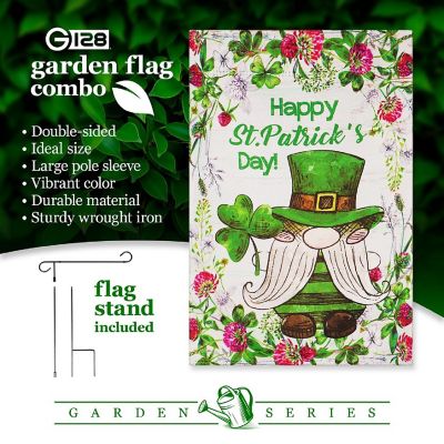 G128 Combo 36x16in Garden Flag Stand & 12x18in Happy St. Patrick's Day Decoration Decoration Leprechaun Gnome Double-Sided Blockout Fabric Garden Flag Image 3