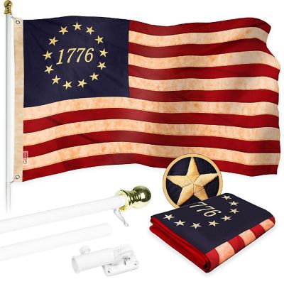 G128 Combo 5ft White Flagpole & 2.5x4ft Betsy Ross 1776 Circle, Tea-Stained Embroidered 420D Polyester Flag Image 1