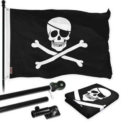 G128 - Combo Pack: Flag Pole 6 FT Black Tangle Free and Pirate Jolly Roger Bones Flag 3x5ft 150D Printed Polyester Image 1