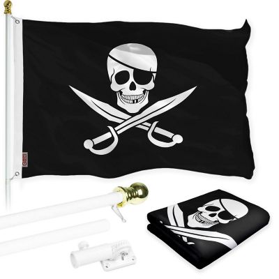 G128 - Combo Pack: Flag Pole 6 FT White Tangle Free and Pirate Jolly Roger Swords Flag 3x5ft 150D Printed Polyester Image 1