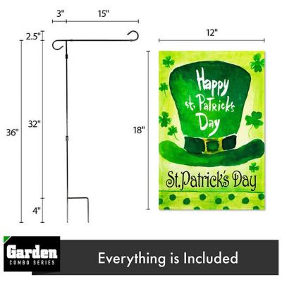 G128 - Combo Pack: Garden Flag Stand Black 36x16IN and Garden Flag Happy St. Patrick's Day Leprechaun Hat 12x18IN Image 1