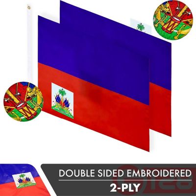 G128 - Haiti Haitian Flag 3x5 Ft 2 Pack Double Sided Embroidered 300D Indoor/Outdoor, Brass Grommets, Heavy Duty Polyester Image 1