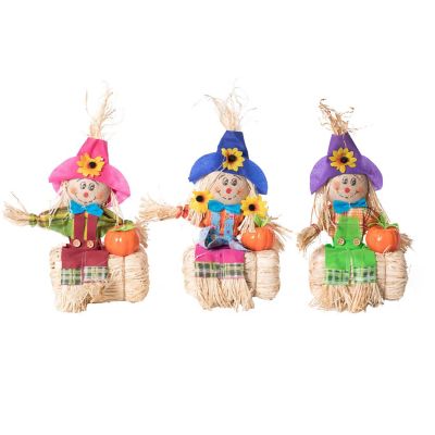 Gardenised Outdoor Fall Decor Halloween Scarecrow for Garden Ornament Sitting on Hay Bale, Straw Multicolor, Set of 3, 12 in. Image 1