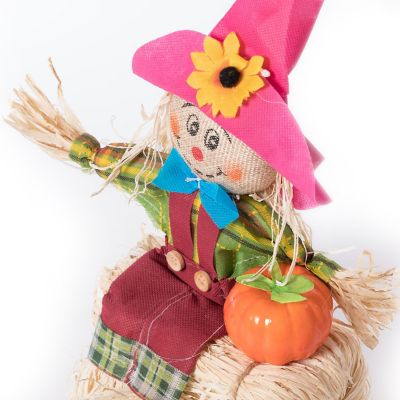 Gardenised Outdoor Fall Decor Halloween Scarecrow for Garden Ornament Sitting on Hay Bale, Straw Multicolor, Set of 3, 12 in. Image 2