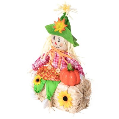 Gardenised Outdoor Fall Decor Halloween Scarecrow for Garden Ornament Sitting on Hay Bale, Straw Multicolor, Set of 3, 16 in. Image 2