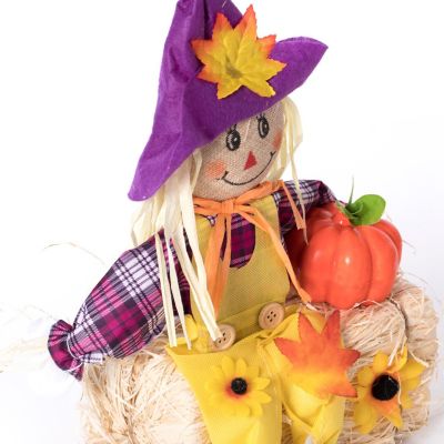 Gardenised Outdoor Fall Decor Halloween Scarecrow for Garden Ornament Sitting on Hay Bale, Straw Multicolor, Set of 3, 16 in. Image 3