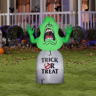 Gemmy Airblown Inflatable Ghostbusters Slimer with Tombstone  5 ft Tall  green Image 1