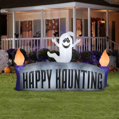 Gemmy Christmas Airblown Inflatable Ghost with Happy Haunting Sign Scene  5 ft Tall  grey Image 1