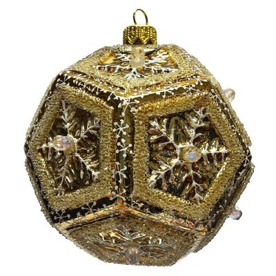 Gold Beaded Snowflake Dodecahedron Ball Polish Glass Christmas Tree Ornament Image 1