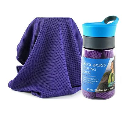 Grand Fusion Housewares 2Kool Sports COOLING TOWEL with 13.5 oz. BPA Free Tritan Water Bottle for Sports / Purple Image 1