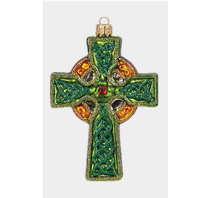 Green and Gold Celtic Cross Polish Glass Christmas Ornament Irish Decoration Image 1