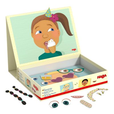 HABA Magnetic Game Box Funny Faces - 3 Basic Faces to Decorate with 96 Magnetic Pieces in Travel Carrying Case Image 1