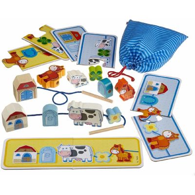 HABA On The Farm Threading Game with 10 Chunky Wooden Lacing Figures & 4 Templates (Made in Germany) Image 1