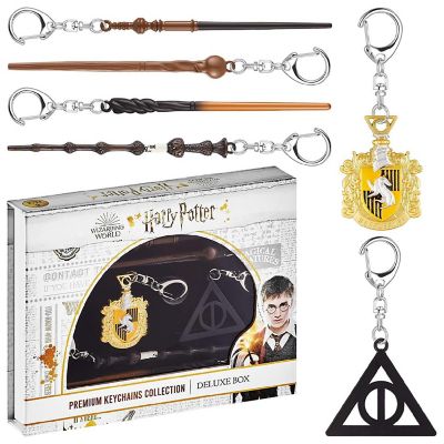 Harry Potter Wand Keychain 6pk Hufflepuff Crest Deathly Hallows Remus Neville Set PMI International Image 1