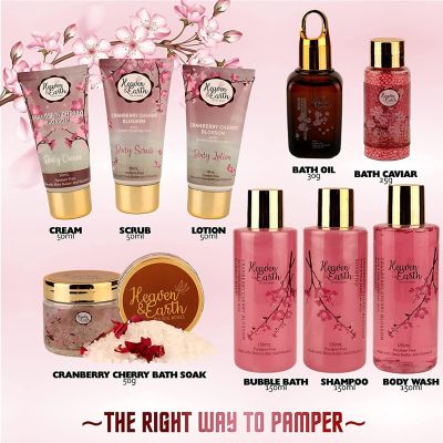 Heaven & Earth - Deluxe 25-Piece Gift Basket Cranberry & Cherry Blossom Spa Bath and Body Luxury Gift Set Image 2
