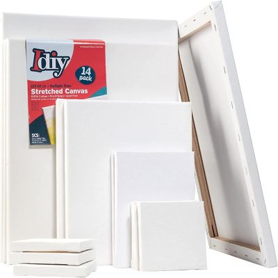 iDIY Stretched Canvas Board Multi Pack (Set of 14) - Sizes 4 x 4-12 x 16, 5/8" Variety Pack - Classic White Blank, Pre Primed for Oils or Acrylics, 100% Cotton, Image 1