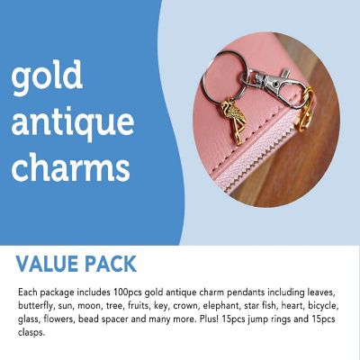 Incraftables 100pcs Gold Antique Charms for Jewelry Making w/ 15pcs Clasps & Rings. Antique Metal Designer Charm for DIY Bracelets Necklaces Image 3