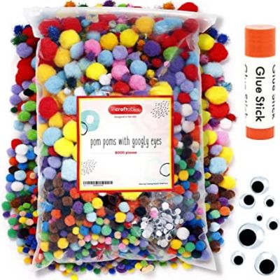 Incraftables 2000 Pcs Pom Poms w/ Googly Eyes Glue Stick Colored & Glitter Cotton Balls for DIY Craft, Hats & Decorations Multicolor Puffy Image 1