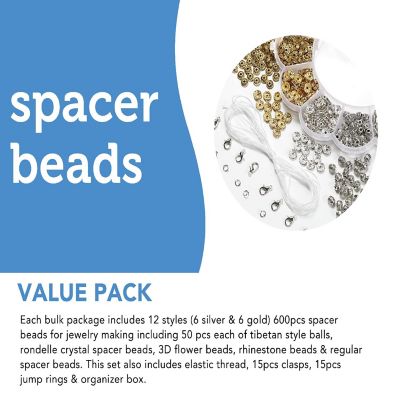 Incraftables 600pcs Spacer Beads for Bracelets Making (12 Gold & Silver Styles). Best Rondelle Spacer Beads for Jewelry Making Kit Image 3