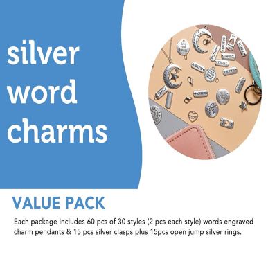 Incraftables 60pcs Silver Word Charms 15pcs Clasps & Rings. Motivational, Inspirational Silver Charms for DIY Craft, Bangle & Jewelry Making Image 3