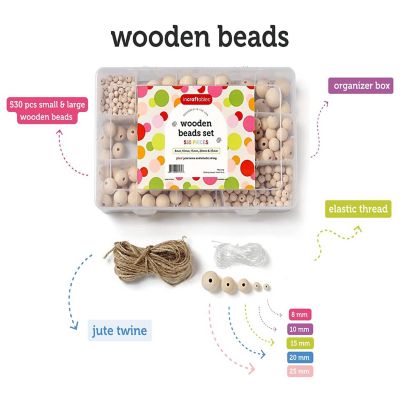 Incraftables Natural Wooden Beads for Crafts 530pcs (8mm, 10mm, 15mm, 20mm & 25mm). Best Wood Beads for Crafts with Holes Image 1