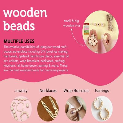 Incraftables Natural Wooden Beads for Crafts 530pcs (8mm, 10mm, 15mm, 20mm & 25mm). Best Wood Beads for Crafts with Holes Image 2