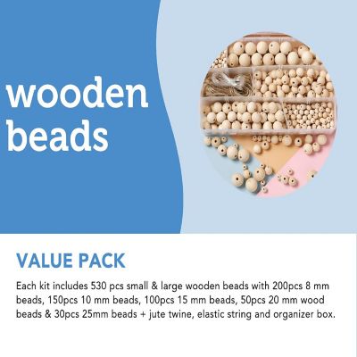Incraftables Natural Wooden Beads for Crafts 530pcs (8mm, 10mm, 15mm, 20mm & 25mm). Best Wood Beads for Crafts with Holes Image 3