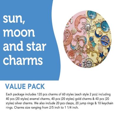 Incraftables Sun, Moon Star Charms Pendants for DIY Bracelets Jewelry Keychain Necklace. Assorted Enamel, Gold Silver 120pcs(60 styles) Image 3