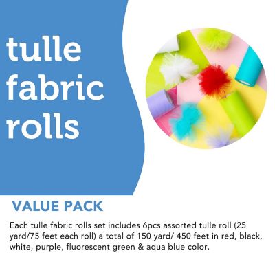 Incraftables Tulle Fabric 6 Rolls 25 Yards/Roll Best for Gift Wrapping Wedding Decorations & Crafts Red Black White Purple Green Aqua Blue Image 2