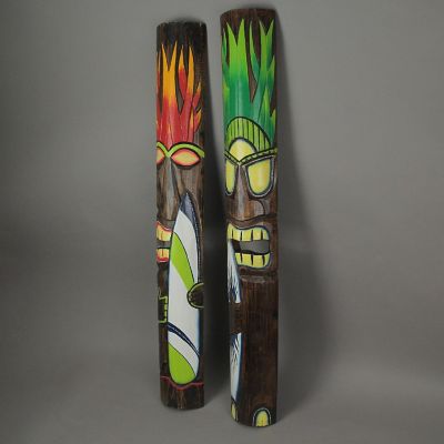 J.D. Yeatts Elemental Fire and Earth Hand Crafted Wooden Surfer Tiki Wall Masks 39 Inch Set of 2 Image 1