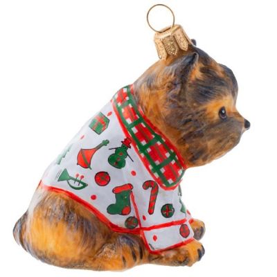 Joy To The World Yorkshire Terrier in Tartan Plaid Christmas Pajamas Ornament Image 2