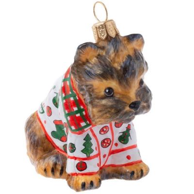 Joy To The World Yorkshire Terrier in Tartan Plaid Christmas Pajamas Ornament Image 3