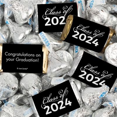 Just Candy 1.5 lbs Black Graduation Candy Party Favors Class of 2024 Hershey's Miniatures & Silver Kisses (approx. 116 Pcs) Image 1