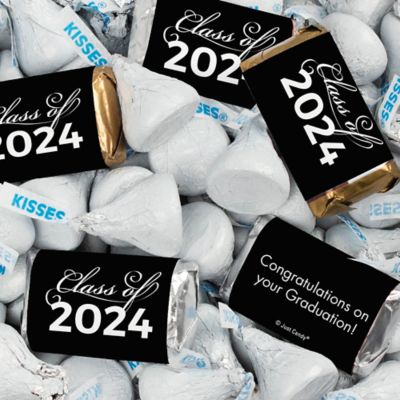 Just Candy 1.5 lbs Black Graduation Candy Party Favors Class of 2024 Hershey's Miniatures & White Kisses (approx. 116 Pcs) Image 1