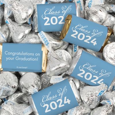 Just Candy 1.5 lbs Light Blue Graduation Candy Party Favors Class of 2024 Hershey's Miniatures & Light Blue Kisses (approx. 116 Pcs) Image 1